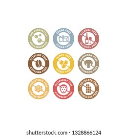 Caffeine, sugar, alcohol free colorful vector label badge set. Honey, chocolate, strawberry free circle food ingredients stamp set.