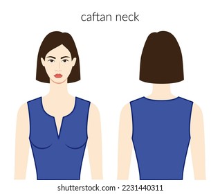 Caftan neckline clothes character beautiful lady in blue top, shirt, dress technical fashion illustration with fitted body. Flat apparel template front, back sides. Women, men unisex CAD mockup