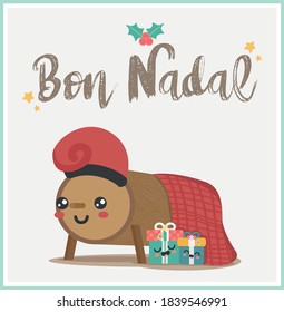 Caga tio or Tio de Nadal, traditional christmas character from Catalonia and Aragon, Spain. Vector illustration.  Translation: Merry Christmas.