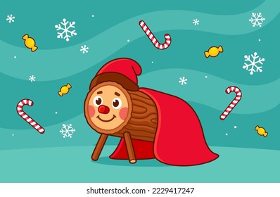 Caga Tio de Nadal, traditional Christmas character from Catalonia and Aragon, Spain. Cute cartoon vector illustration on winter background with candy.