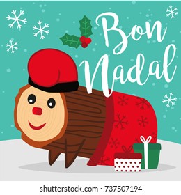 Caga Tio de Nadal, a typical Christmas character from Catalonia and Aragon, Spain. Vector illustration. Merry Christmas lettering written in catalan.