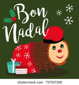 Caga Tio vector illustration. Traditional Christmas Celebration in Catalonia and Aragon.
Merry Christmas lettering written in catalan.