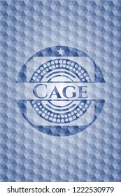 Cage blue badge with geometric pattern background.
