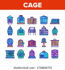 Cage Domestic Animal Collection Icons Set Vector. Bird Or Parrot Cage And For Transportation Dog Puppy Or Cat Pet Equipment Concept Linear Pictograms. Color Illustrations