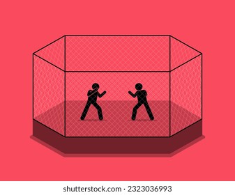 Cage fight between two fighters. Vector illustration depicts concept of cage fighting, boxing match, martial arts, challenge, one on one, rival, clash, and showdown.