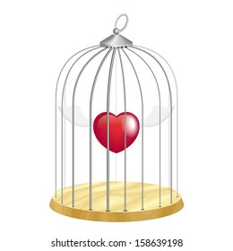 Cage with flying heart inside on white
