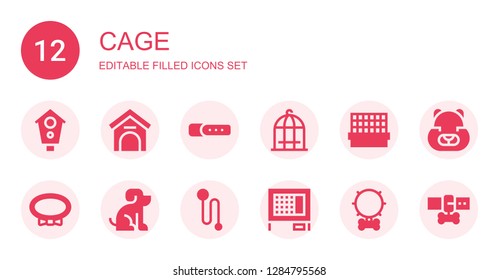 cage icon set. Collection of 12 filled cage icons included Aviary, Kennel, Collar, Bird cage, Cage, Pet, Leash, Rabbit hutch, Hamster