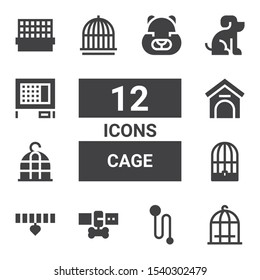 cage icon set. Collection of 12 filled cage icons included Bird cage, Leash, Collar, Kennel, Pet, Rabbit hutch, Hamster