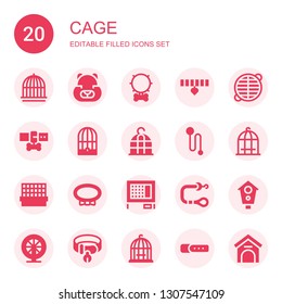 cage icon set. Collection of 20 filled cage icons included Cage, Hamster, Collar, Grate, Leash, Bird Rabbit hutch, Aviary, Kennel