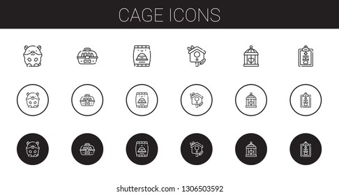 cage icons set. Collection of cage with hamster, pet food, bird house, pet. Editable and scalable cage icons.