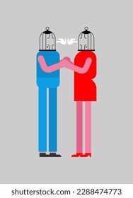 Cage for lovers with dove instead of head. concept of sincere and pure love