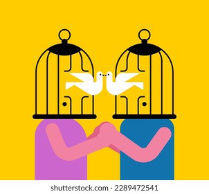 Cage for lovers with dove instead of head. concept of sincere and pure love