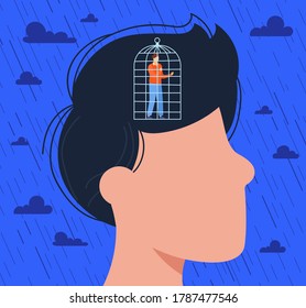 Cage in man head vector illustration. Cartoon flat lonely depressed caged male character standing inside human head in closed prison cage of thought, depression and loneliness mental health concept