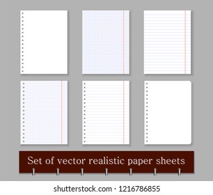 In a cage, ruler and blank sheets of paper notebook or notebook with perforation and without. Set of vector realistic paper sheets. in a ruler, a cell and no markup, isolated on a light background.