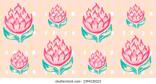 Cage, squares, plaid, polo. Vector abstract hand drawing with stripes of acrylic paint. Flowers