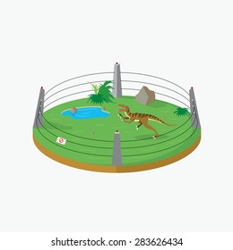 Cage with a velociraptor dinosaur in the park - vector illustration
