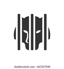 Caged animal icon in single grey color. Tiger carnivore mammal zoo jungle hunter