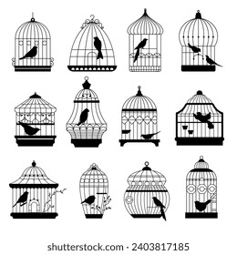 Caged avian animals, isolated birds in cage silhouettes. Birdie with branches sitting inside of metal container with decorative swirls and adornment. Old vintage pet for home. Vector in flat style