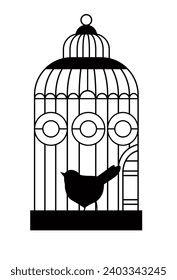 Caged bird with long tail chirping. Isolated silhouette of avian animal, exotic birdie species. Store or pet shop with assortment. Metal vintage cage or container for carrying. Vector in flat style