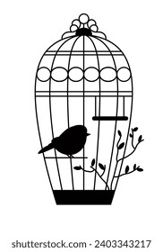 Caged bird silhouette, isolated avian animal in vintage metal cage with stick to sit. Botany or tree branch, plant or flower decoration. Zoo or pet store, shop assortment. Vector in flat style