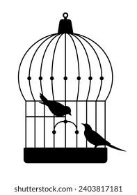 Caged birds silhouette, isolated avian animals with long tails chirping to each other. Birdie in metal vintage container with rounded shape and stick for sitting. Vector in flat style illustration