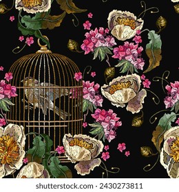 Caged birds, yellow peonies and geranium flowers. Fashion embroidery seamless pattern. Template for clothes, textiles, t-shirt design