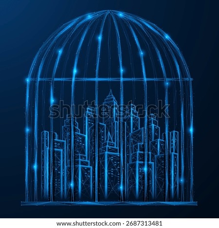 The caged city. The concept of limitation of freedom, isolation within the boundaries of urbanization or the digital world. Low-poly design, blue background.