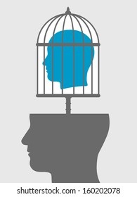 Caged head emanating from a silhouetted head below showing a captive with lack of freedom of speech, expression, personality, mind and ideas