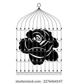 Caged rose. Rosebud blossom inside bird cage. Flower behind bars. Beauty in prison. Creative floral design. Black and white silhouette.