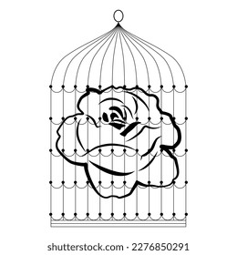 Rosa enjaulada. Rosebud florece dentro de la jaula de pájaros. Flor tras las rejas. Belleza en prisión. Diseño floral creativo. Silueta blanca y negra.