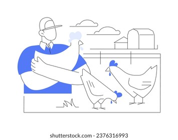 Cage-free animal living isolated cartoon vector illustrations. Farmer with chickens in the field, modern agriculture, organic farming industry, poultry farm, ranch activity vector cartoon.