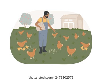 Cage-free animal living isolated cartoon vector illustrations. Farmer with chickens in the field, modern agriculture, organic farming industry, poultry farm, ranch activity vector cartoon.