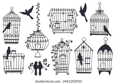 Cages and birds. Black hand drawn silhouettes. Decorative openwork houses made of metal rods for parrots and canaries. Pets homes with ivy leaves. Vintage birdcages