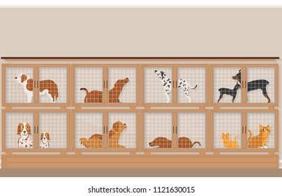 Cages of dogs and cats for sale in pet store, pet shop conceptual vector illustration.