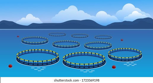 Cages for growing fish. Floating construction for open-water fish farm. Trout and salmon producing. Vector illustration.