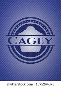 Cagey badge with denim background. Vector Illustration. Detailed.