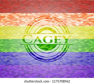 Cagey emblem on mosaic background with the colors of the LGBT flag
