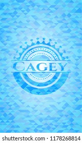 Cagey light blue emblem with triangle mosaic background