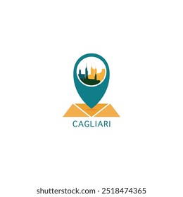 Cagliari city map pin point geolocation modern skyline vector logo icon isolated illustration. Italy Sardinia pointer emblem with landmarks and building silhouettes