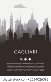 Cagliari city template for website, presentation, front page, invitation, publication sheet with skyline, landmarks. Vector Italy image layout, simple and grayscale