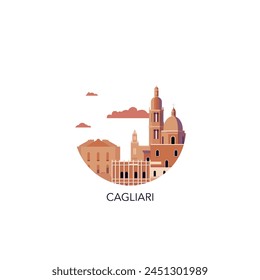 Cagliari Stadtbild, Vektorgrafik-Abzeichen, flaches Skyline-Logo, Ikone. Italien Stadtrunde Emblem Idee mit Wahrzeichen und Bausilhouetten. Isolierte Grafik