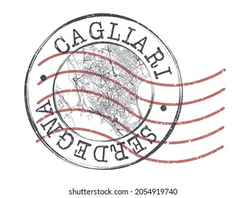 Cagliari, Metropolitan City of Cagliari, Italy Stamp Map Postal. Silhouette Seal Roads and Streets. Passport Round Design. Vector Icon. Design Retro Travel National Symbol.