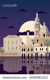 Cagliari retro city poster with abstract shapes of skyline, buildings at night. Vintage Italy, Sardinia town travel vector illustration	