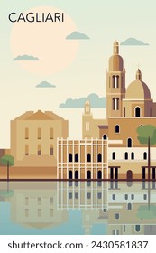 Cagliari retro city poster with abstract shapes of skyline, buildings. Vintage Italy, Sardinia town travel vector illustration