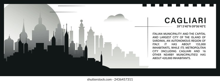 Cagliari skyline vector banner, black and white minimalistic cityscape silhouette. Italy, Sardinia city horizontal graphic, travel infographic, monochrome layout for website	