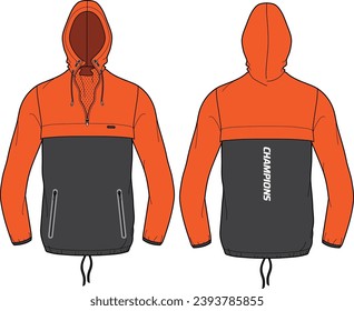 Cagoule Anorak Hoodie diseño de la chaqueta plana Dibujo Ilustración, chaqueta de uso de Hiking Hooded con vista frontal y posterior, chaqueta de invierno para hombres y mujeres. para correr, desgaste y entrenamiento en invierno