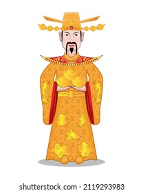 Cai Shen Chinese God  God of wealth or God of fortune drawing in vector dress with yellow red and gold and chinese text called fu meaning rich bless or greeting by holding Chinese gold called Sycee  