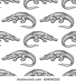 Caiman. Seamless pattern with animals South America. Hand drawing of wildlife. Vector illustration art. Black and white. Old engraving. Vintage. Design for fabrics, paper, textiles, fashion.