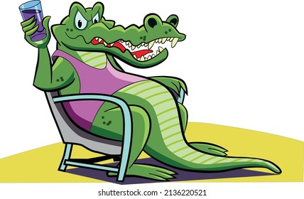 Caiman sitting on a deckchair very relaxed toasting with grape juice