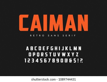 Caiman trendy sans serif retro typeface, font, letters and numbers. Vector illustration.